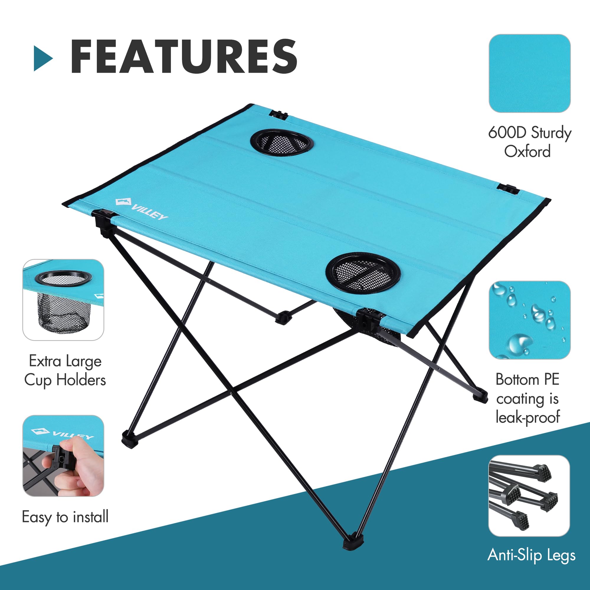 VILLEY table surface in 600D Oxford canvas offers durable stability for food and drinks.