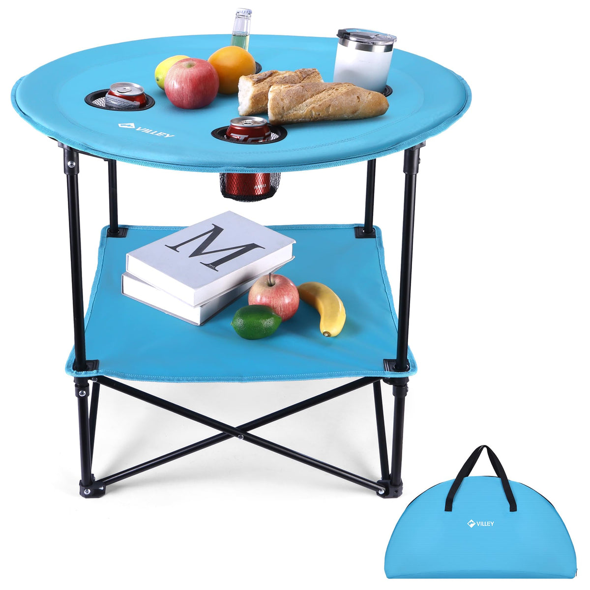 VILLEY folding camping table top view with durable Oxford fabric surface for outdoor meals