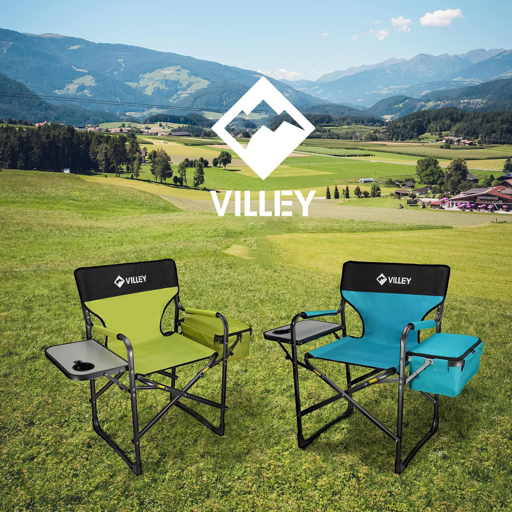VILLEY green camping directors chair used for beach or picnic adventures.