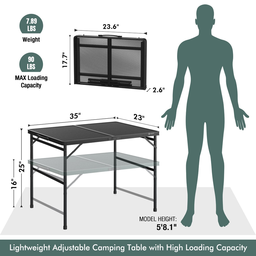 VILLEY Grill Table aluminum legs adjustable shows two ergonomic height options