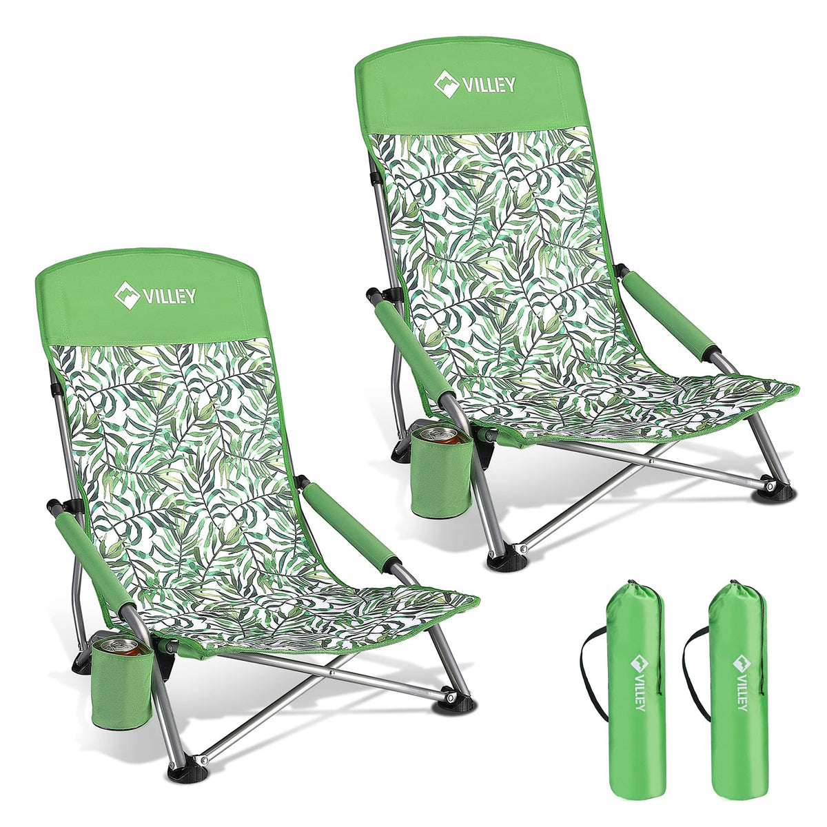 VILLEY low beach chair folded in green tropical leaves pattern for easy transport.