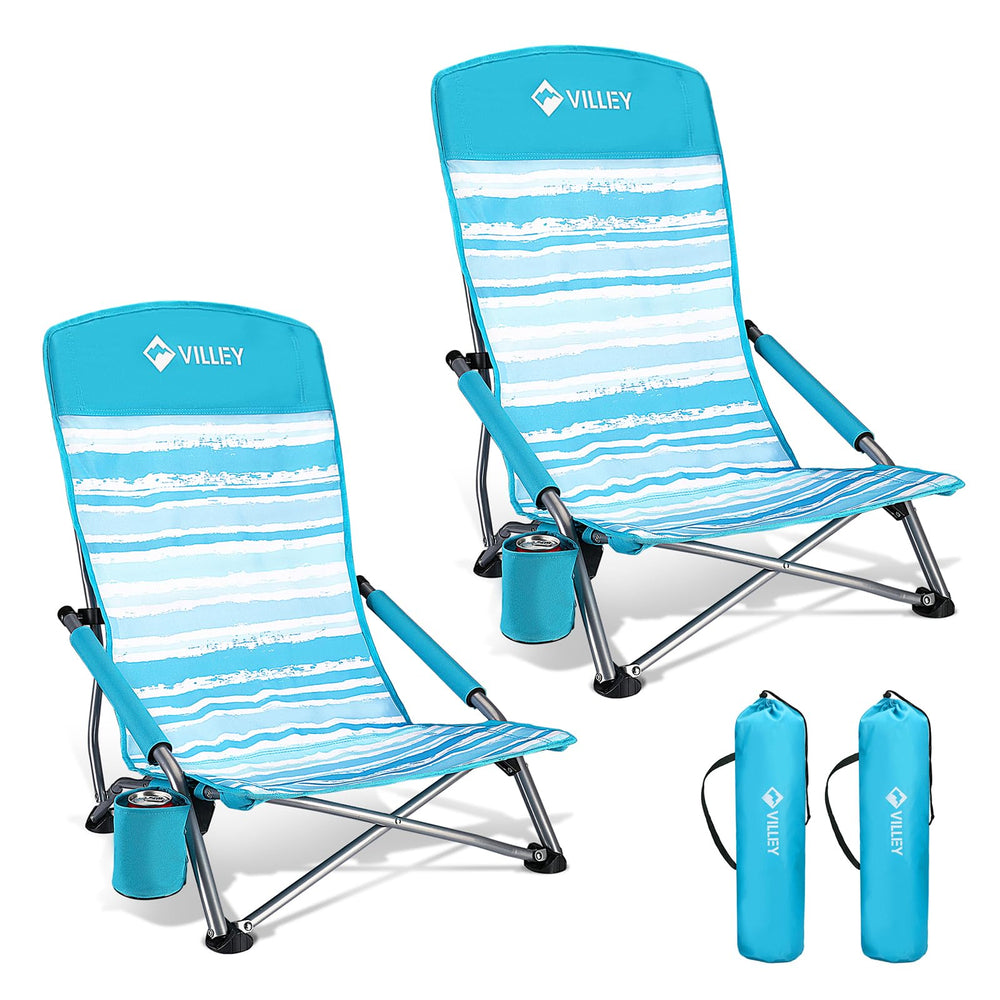 Villey low beach chairs blue stripes folded for compact storage and travel-ready with carry bag