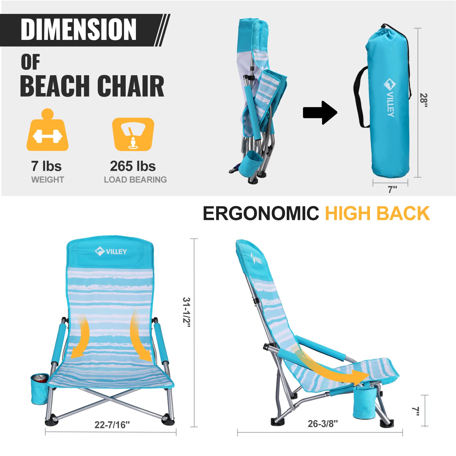 Villey low beach chairs blue stripes high-back view relaxing back support outdoors