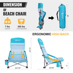 Villey low beach chairs blue stripes high-back view relaxing back support outdoors