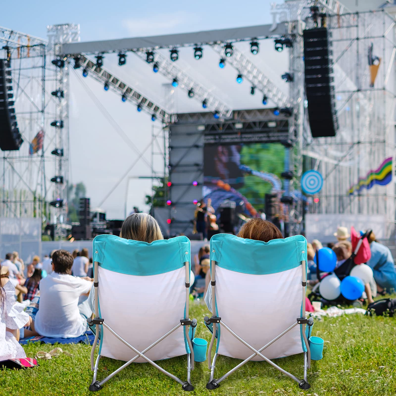 Villey low beach chairs blue stripes in-use setup at festival or park