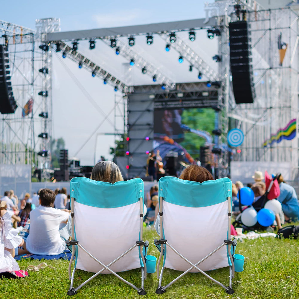 Villey low beach chairs blue stripes in-use setup at festival or park