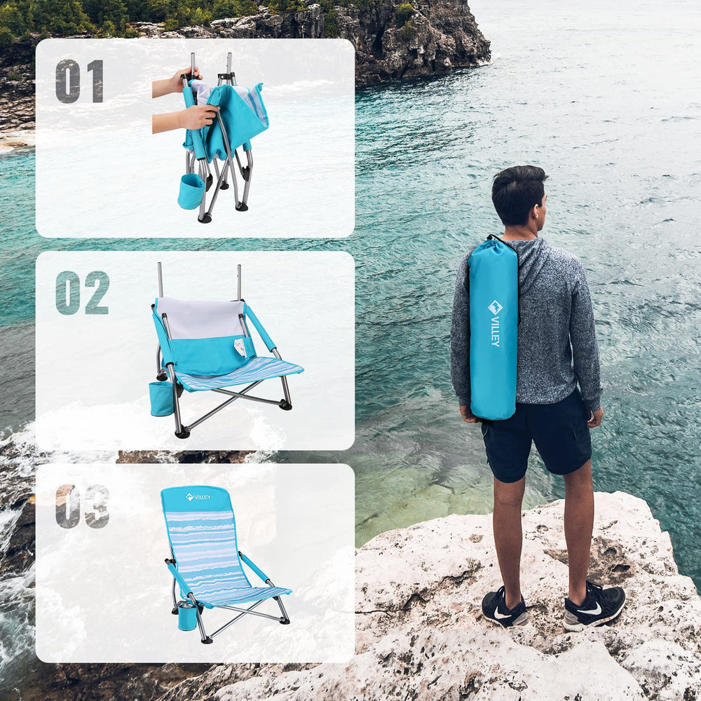Villey low beach chairs blue stripes reclined position for comfortable downtime