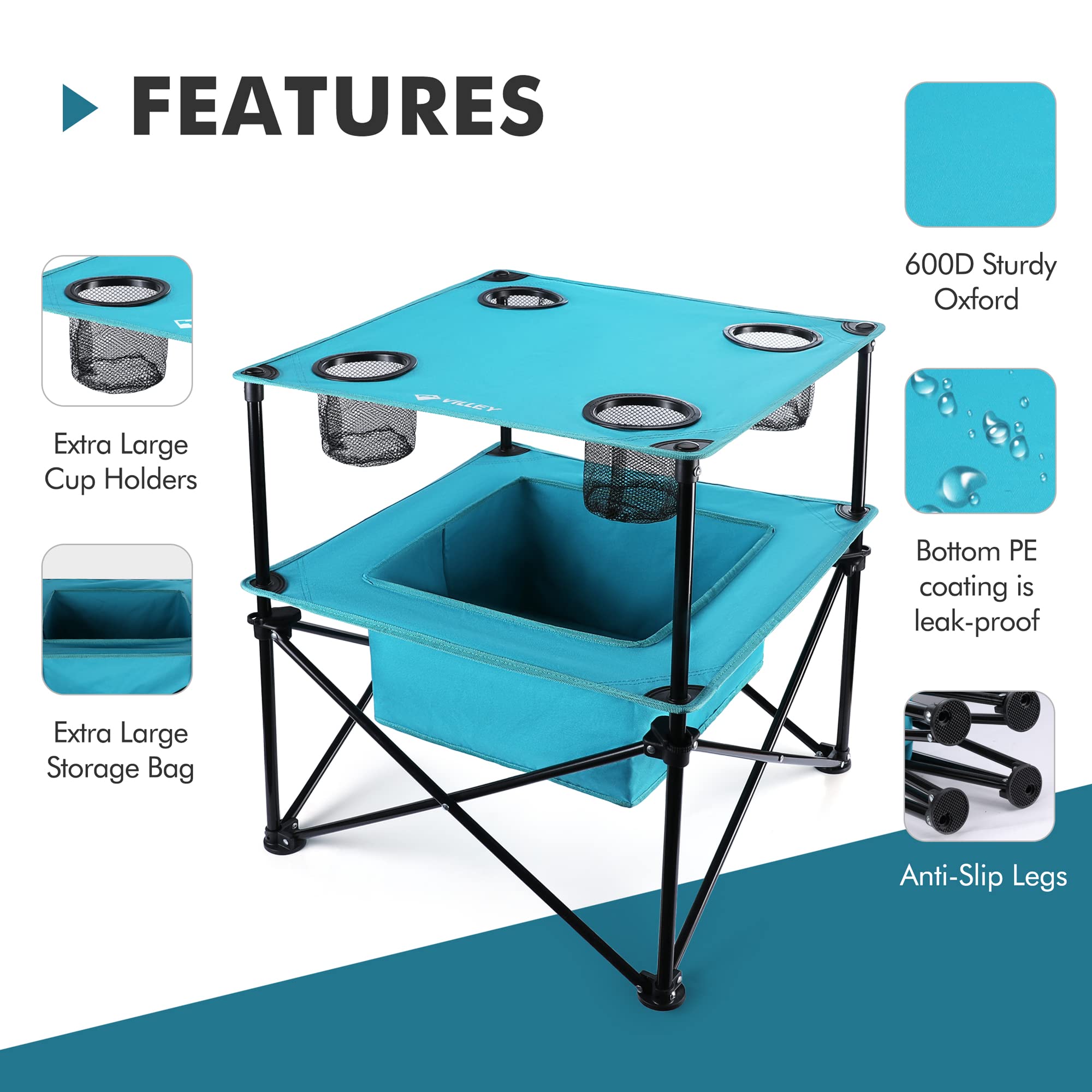 VILLEY portable camping table four cup holders keep drinks stable