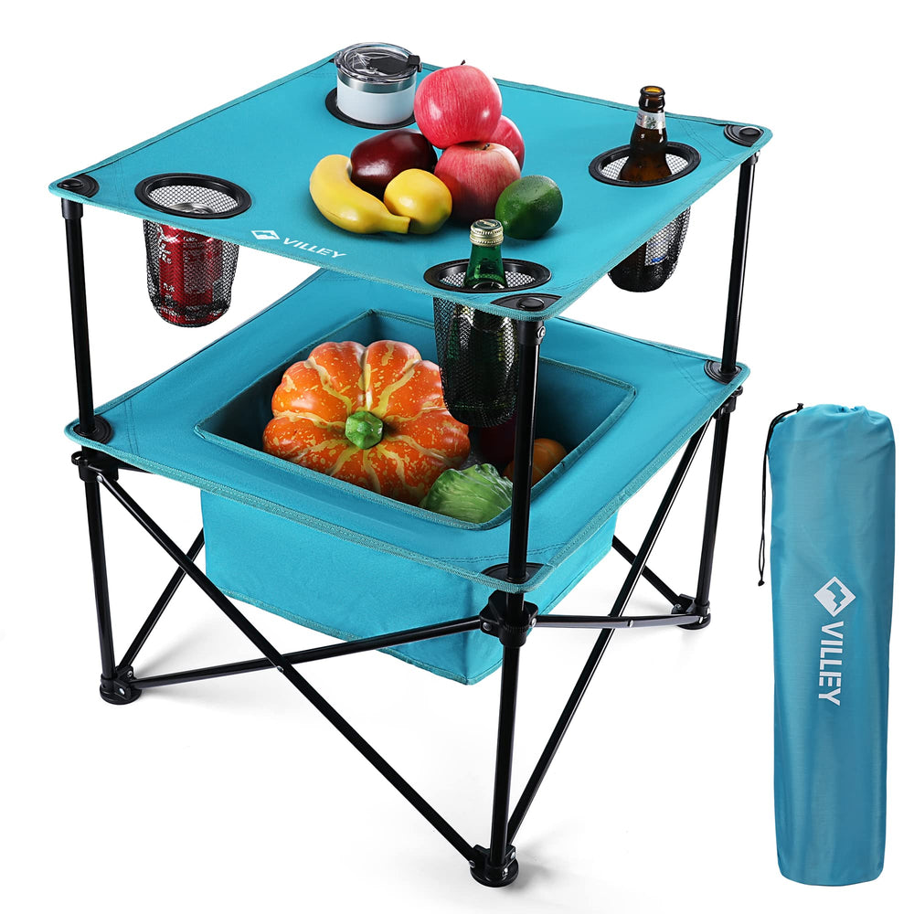 VILLEY portable camping table side view highlights sturdy frame for outdoor meals and gatherings