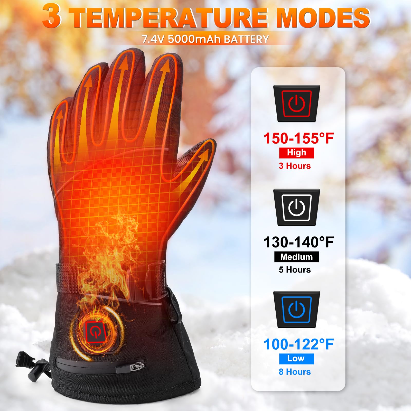Vinderfine heated gloves feature three heating levels for customizable comfort outdoors.