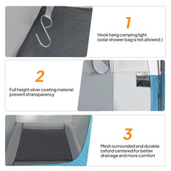 VINGLI 6.8ft shower tent blue side view shows ventilation through mesh windows for comfort.