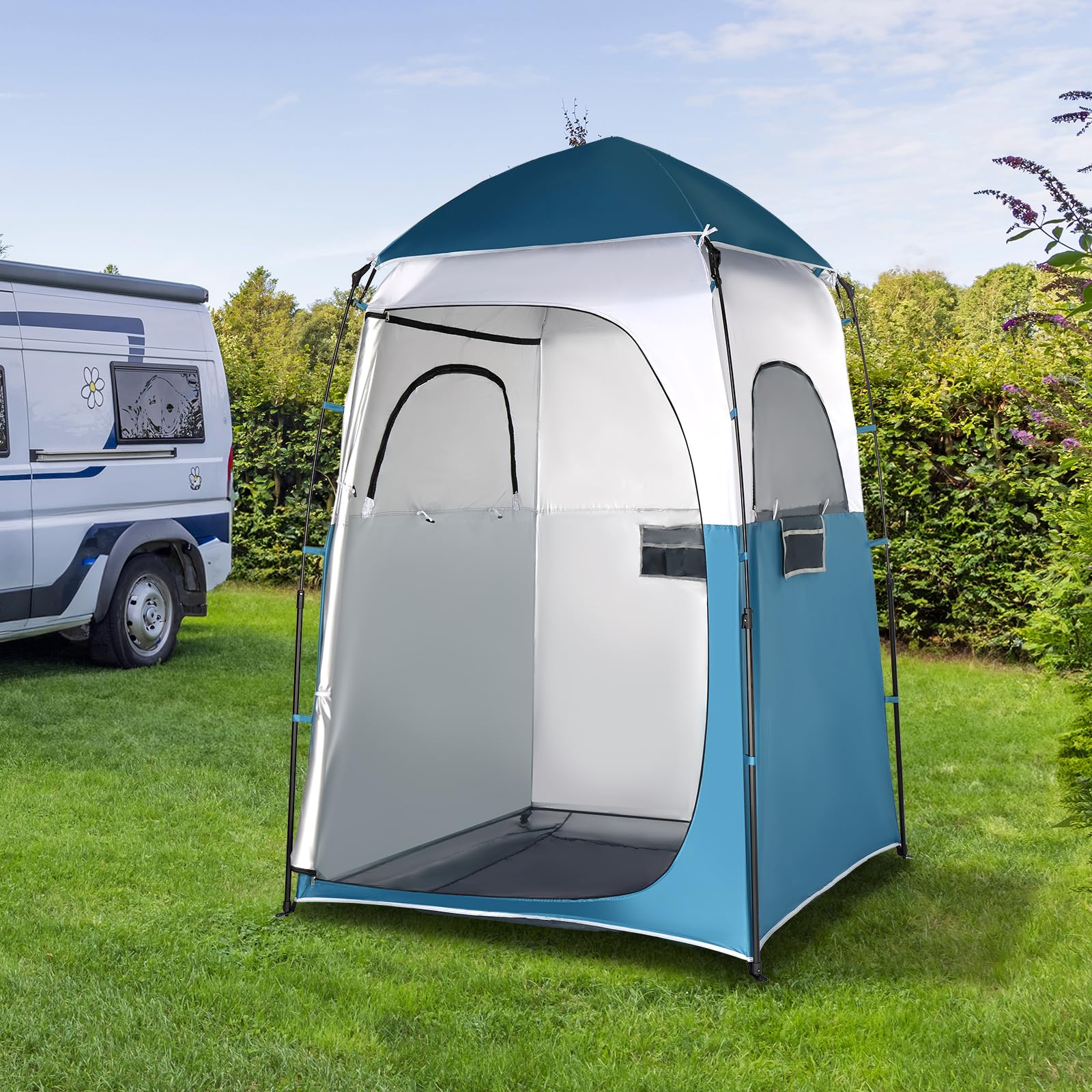 VINGLI 6.8ft shower tent setup image illustrates tool-free rapid assembly.