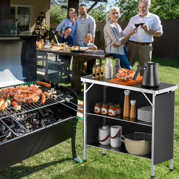 VINGLI camping table 2-tier shelves organized storage options for drinks and snacks.