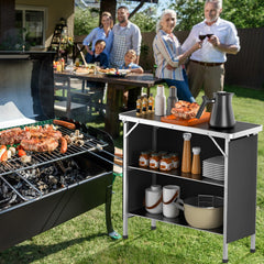 VINGLI camping table 2-tier shelves organized storage options for drinks and snacks.