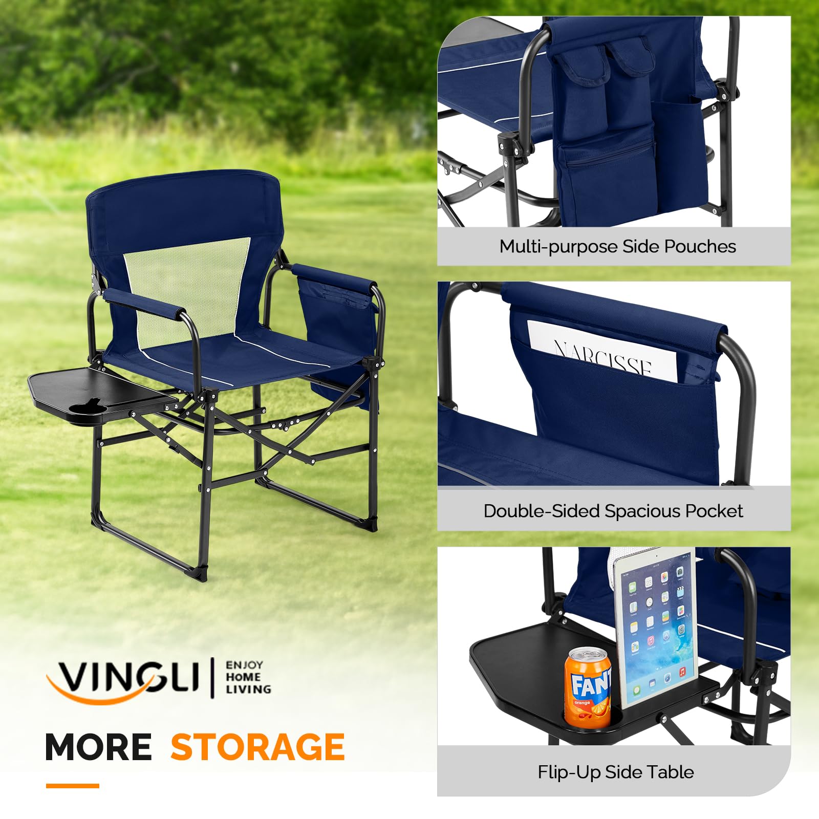 VINGLI chair with side table and cup holder for refreshments.