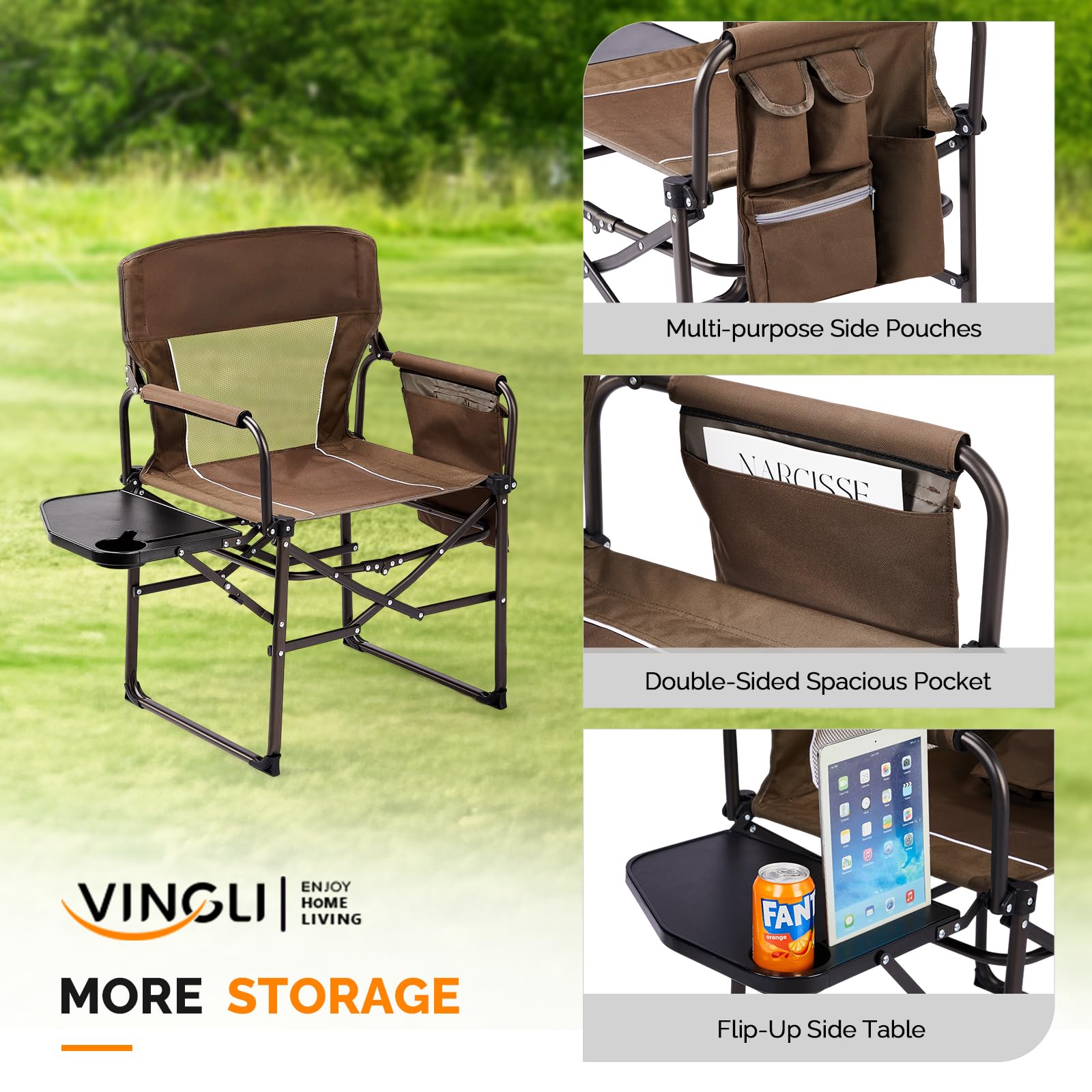VINGLI lawn chair with storage pockets for essentials