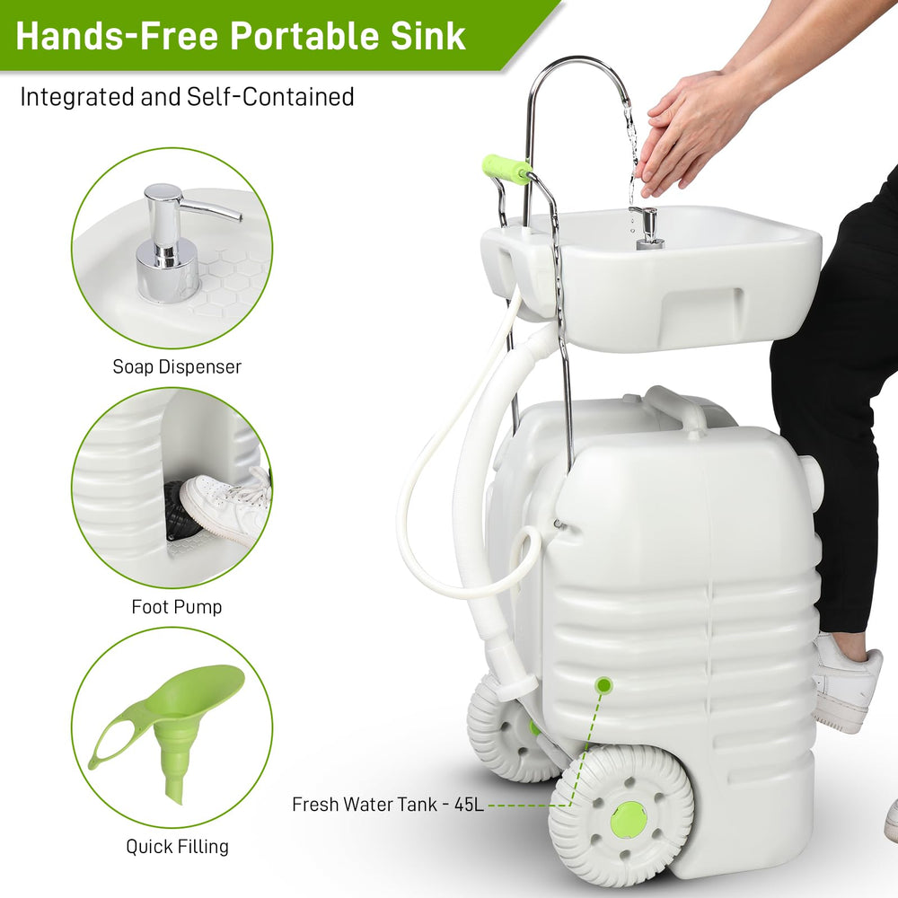 VINGLI portable sink on wheels with foldable handle for easy transport