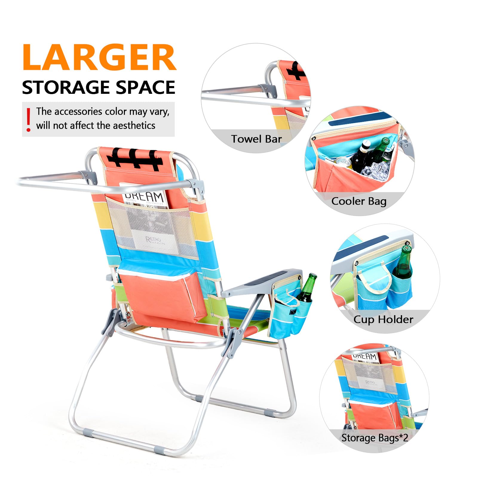 VINGLI Tall Beach Chair 2 Pack includes a towel bar for towels and small items.