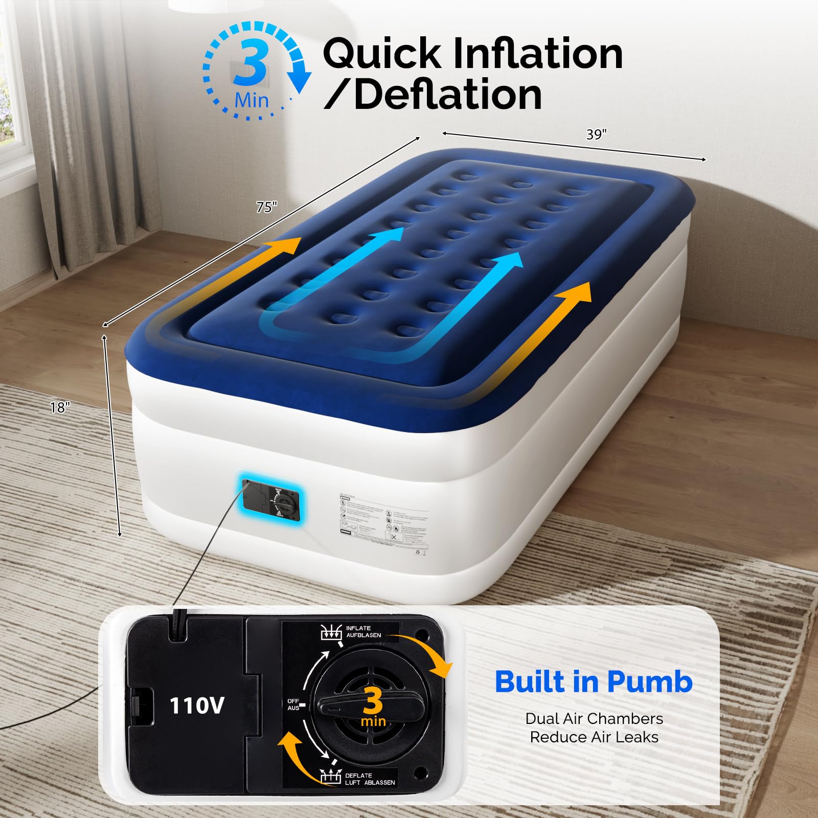 VINGLI twin air mattress 18-inch raised height side view for elevated comfort