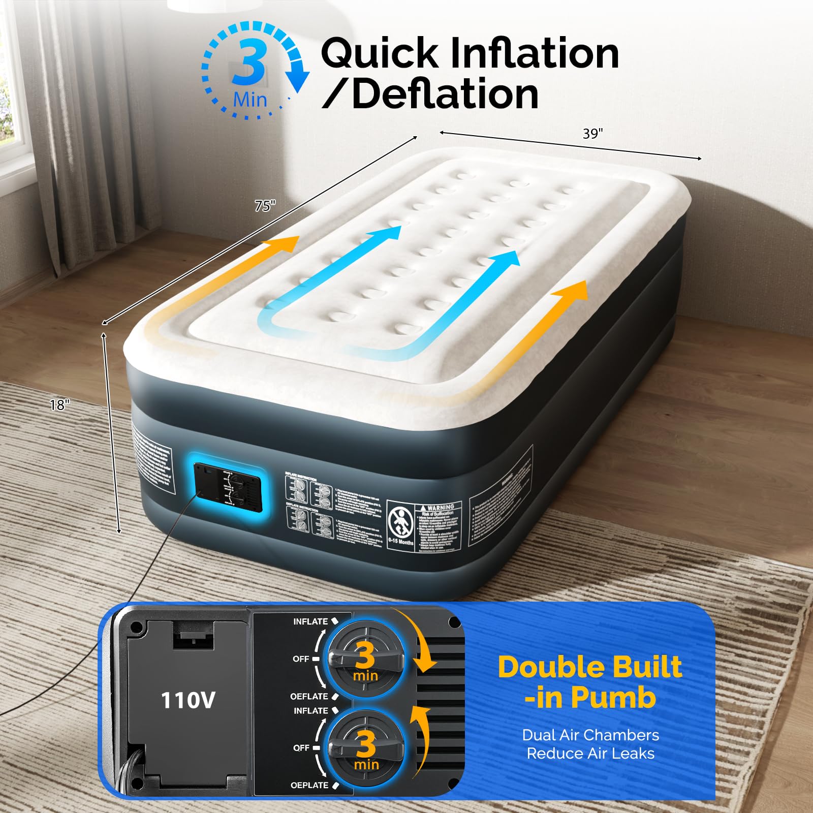 VINGLI twin air mattress showing dual chambers for even inflation