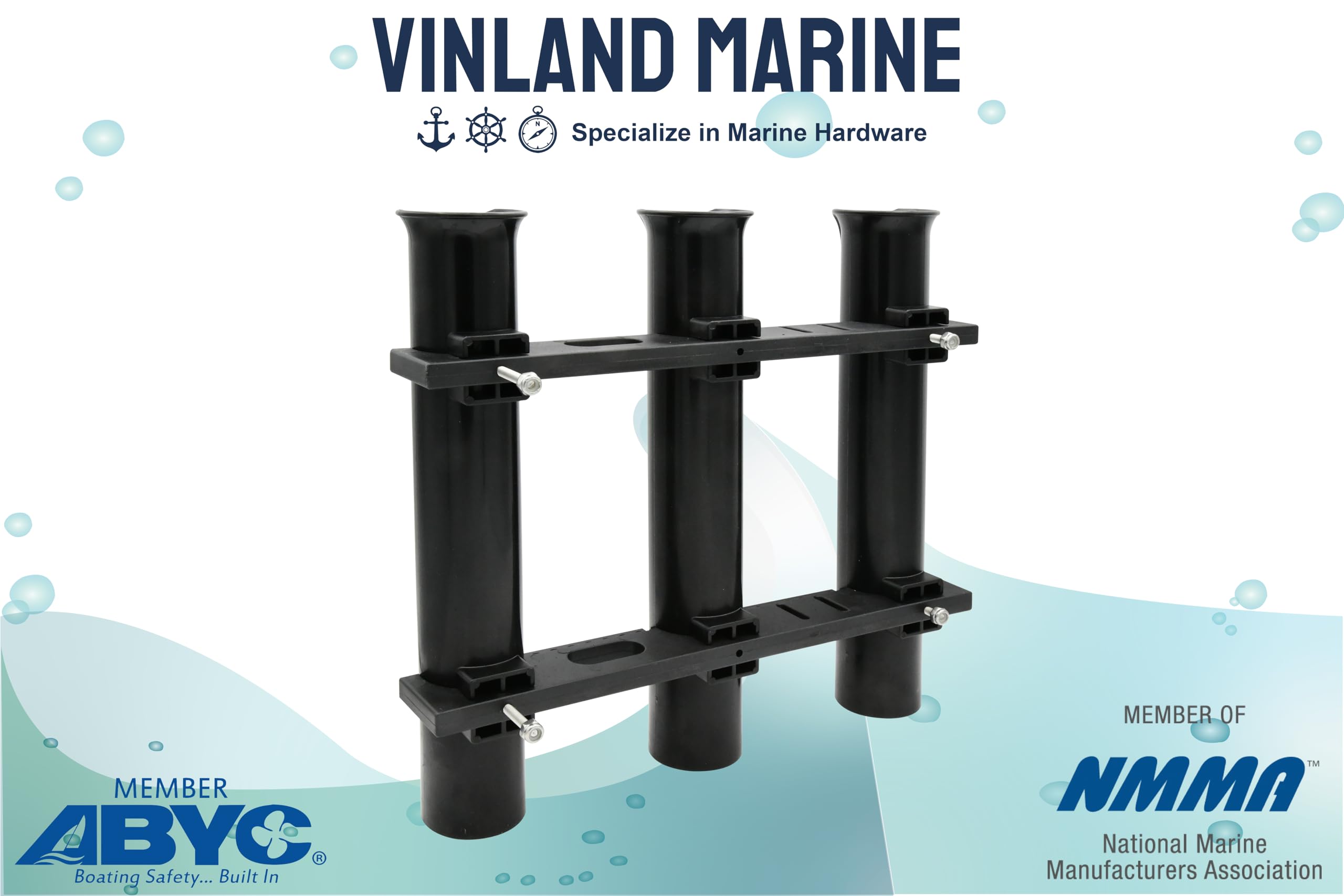 Vinland Marine boat rod holder mounted on deck keeps poles secure during boating.