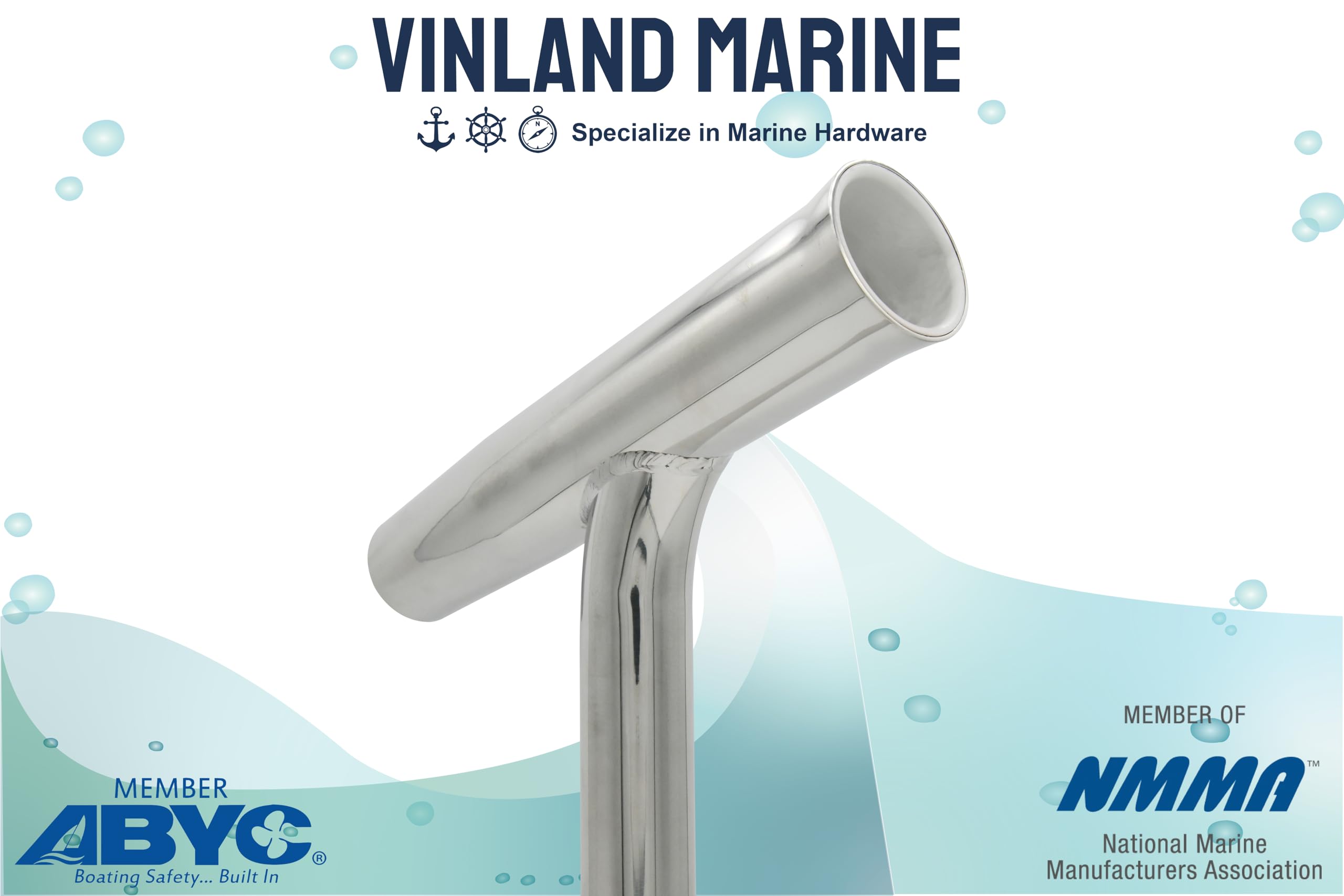 Vinland Marine curved outrigger rod holder I-beam drainage base; keeps rods supported.