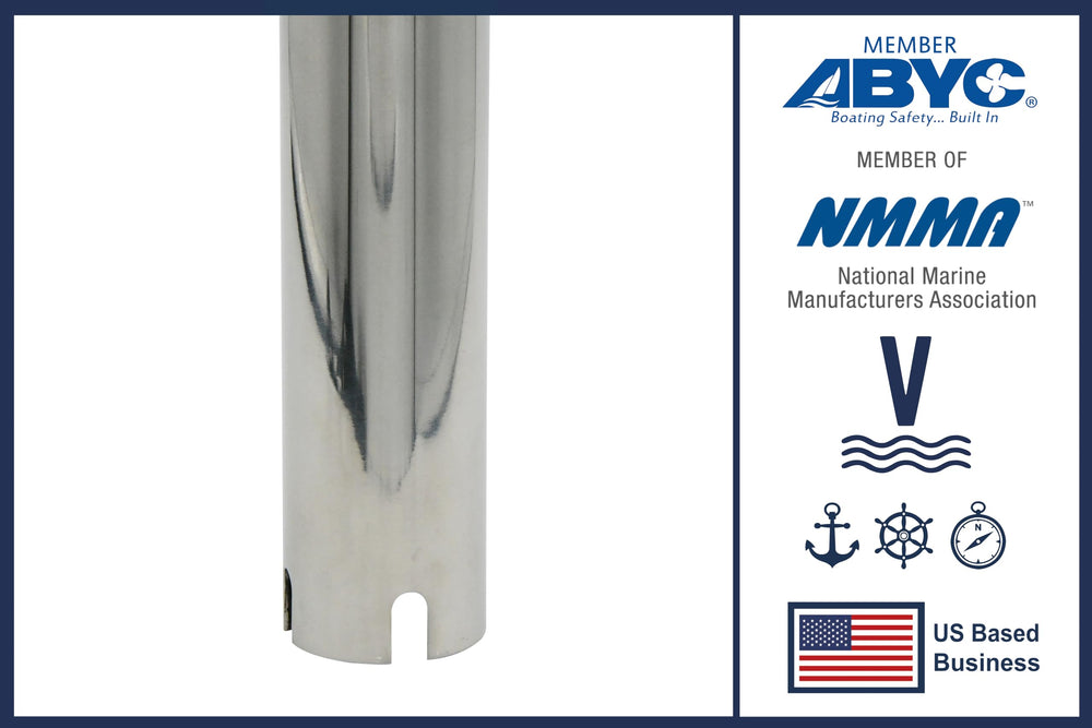 Vinland Marine curved outrigger rod holder with safety strap; added security on rough seas.