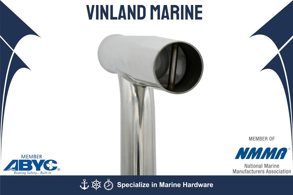 Vinland Marine curved outrigger rod holder tilt feature; optimal angle for trolling.
