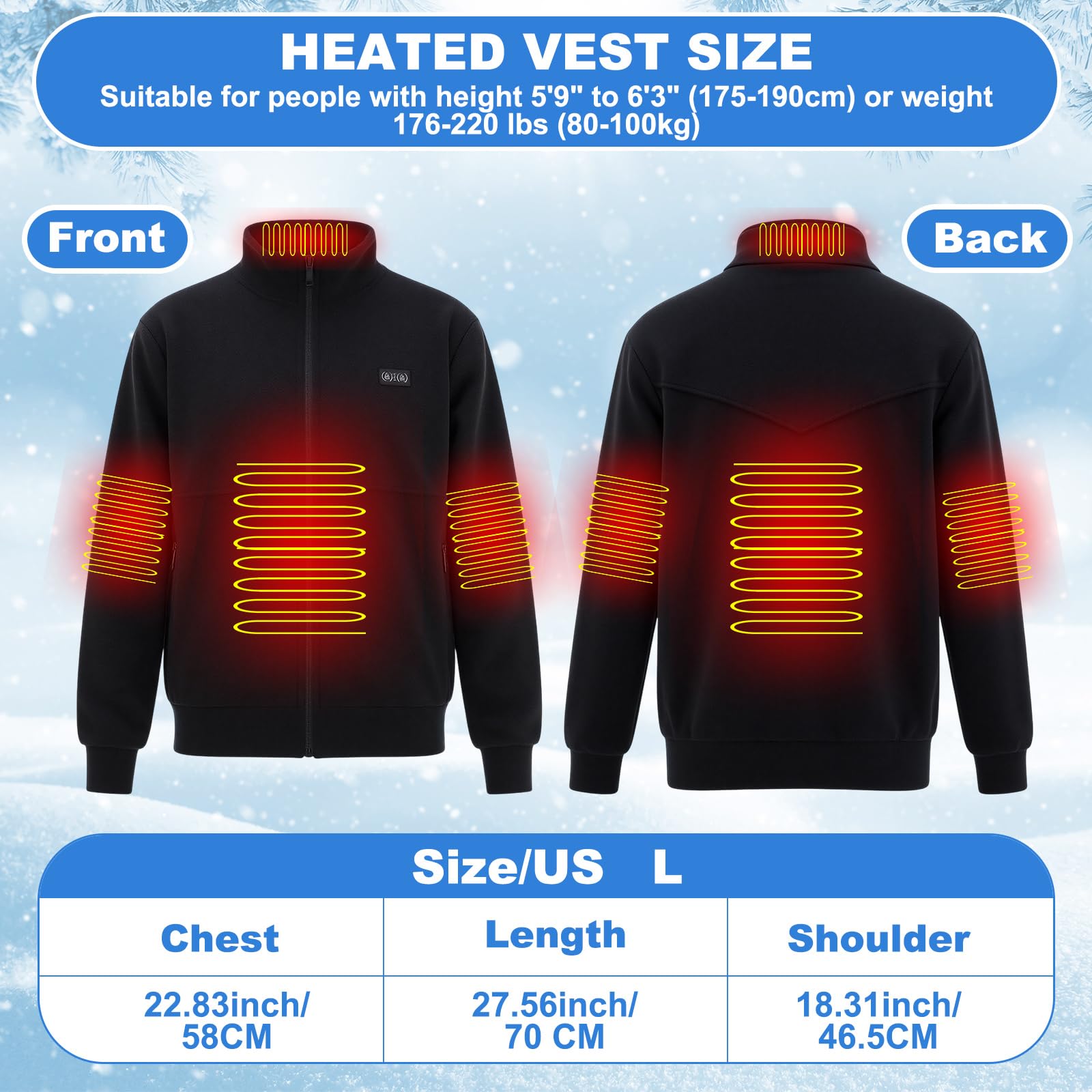 Vinsatin heated jacket back view with torso warmth and hood ready