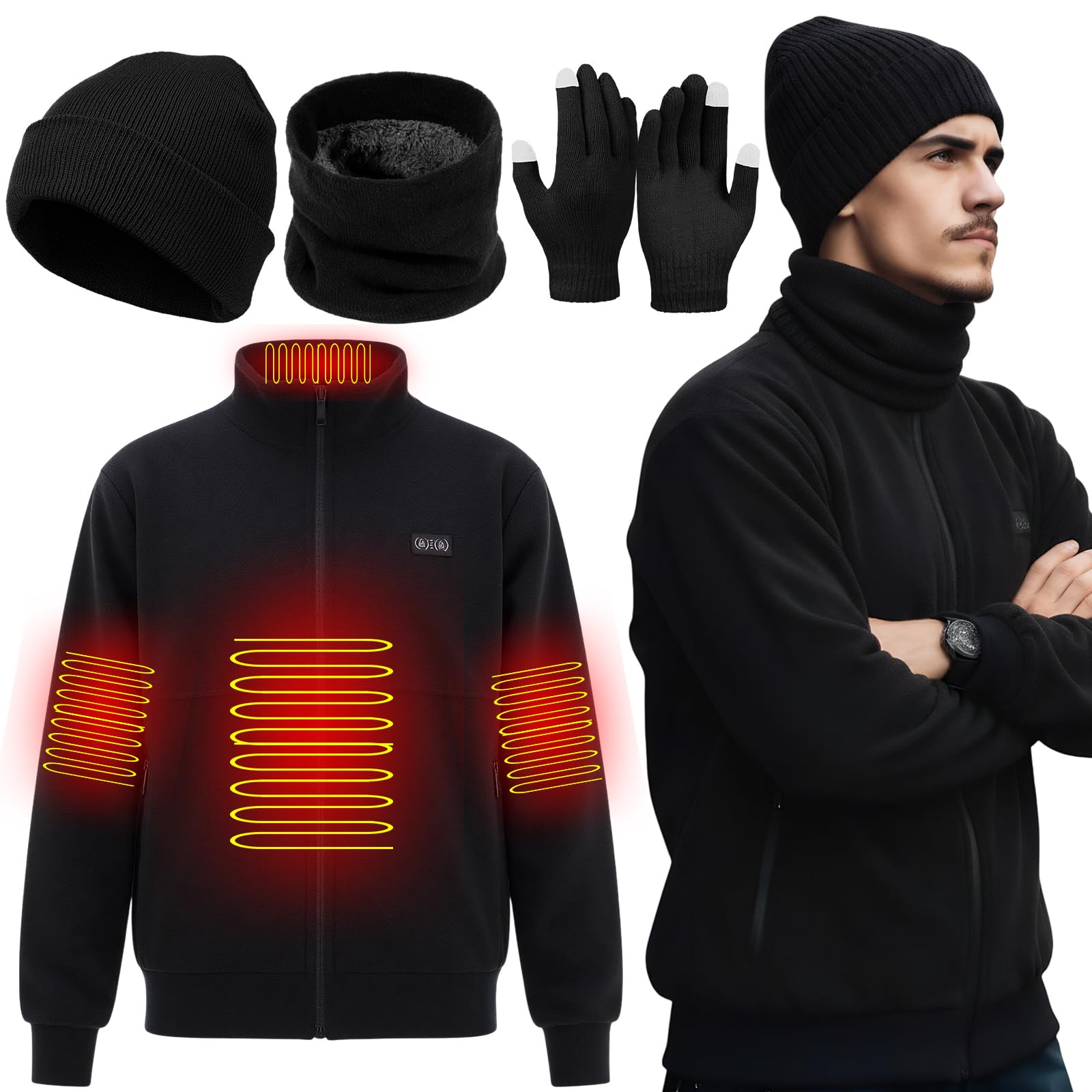 Vinsatin heated jacket front view showing four-zone heating for warmth