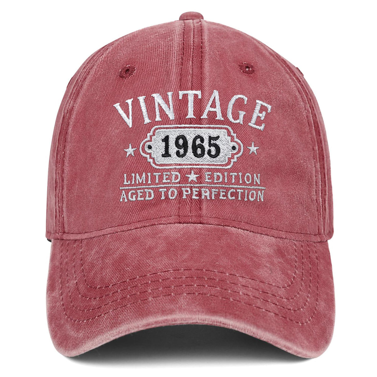Embroidered vintage 1965 baseball cap front view in red