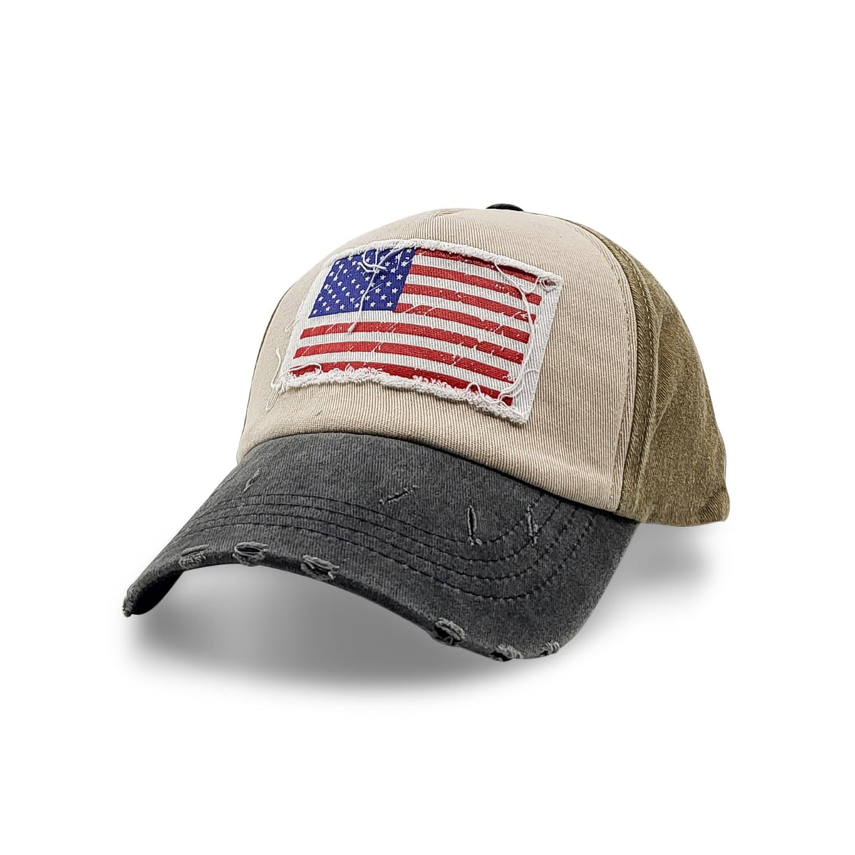 Front view of Vintage Distressed USA Hat with embroidered American flag on crown