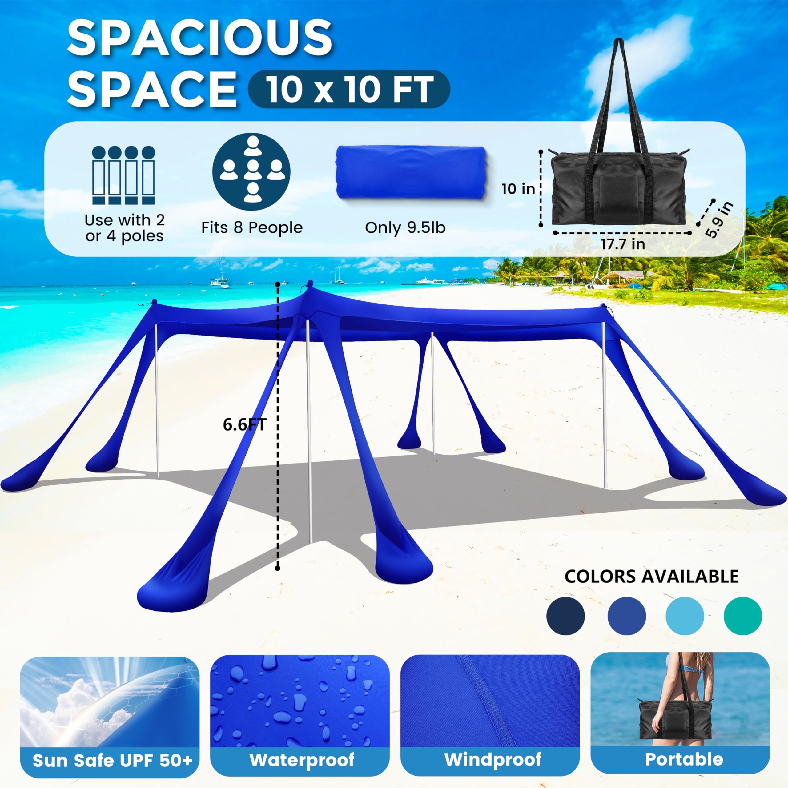 VIONMI beach canopy front view shows spacious 10x10 ft shade for outdoor picnics