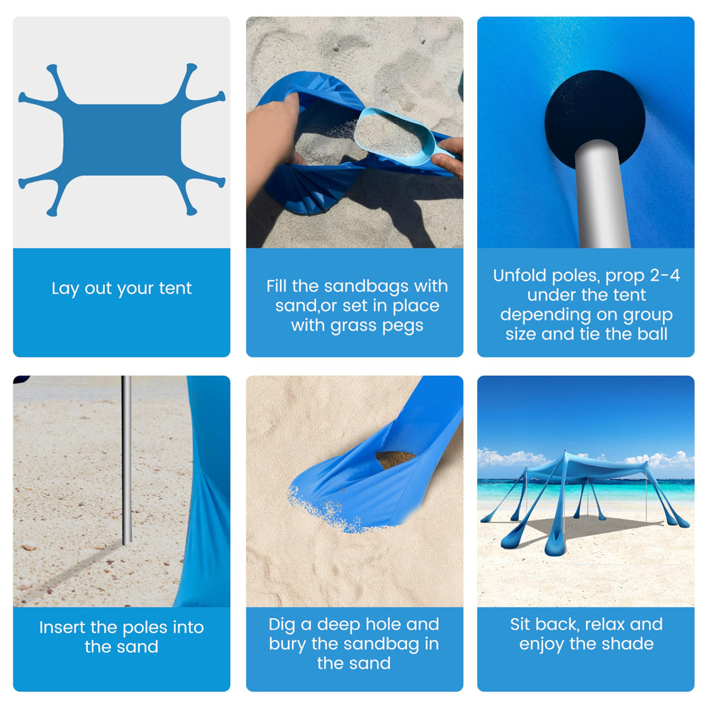 VIONMI multi-use-outdoor-scenarios depicts shelter at beach, park, and camping trips