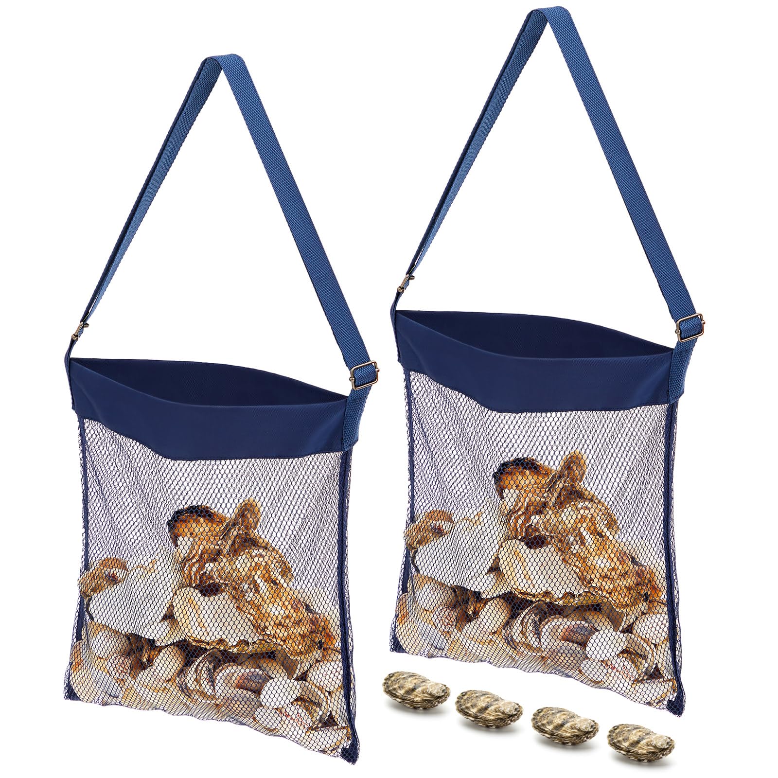 VioraWhite 2-pack navy blue clam mesh beach bags open view