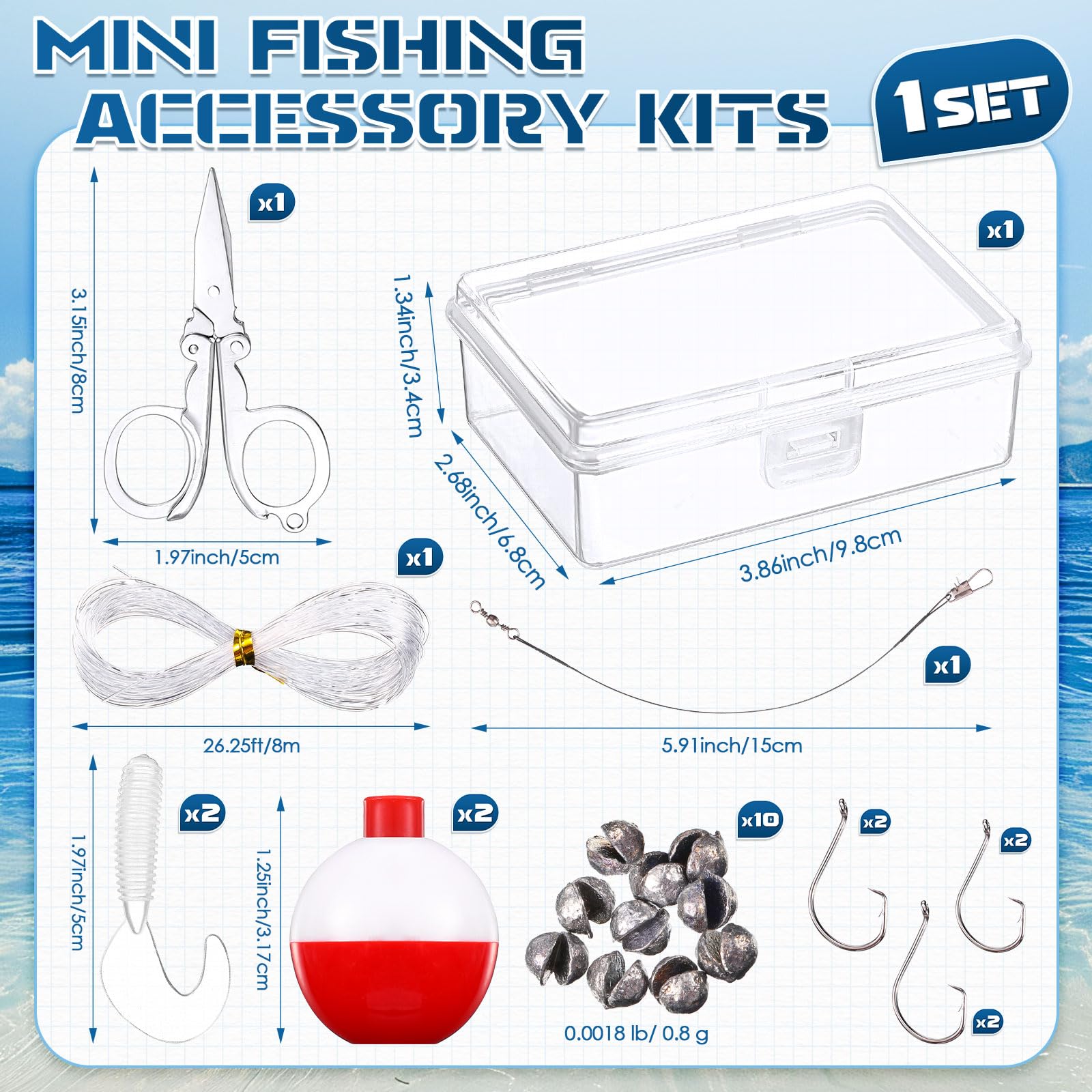 Portable mini fishing kit showing included tools and tackle