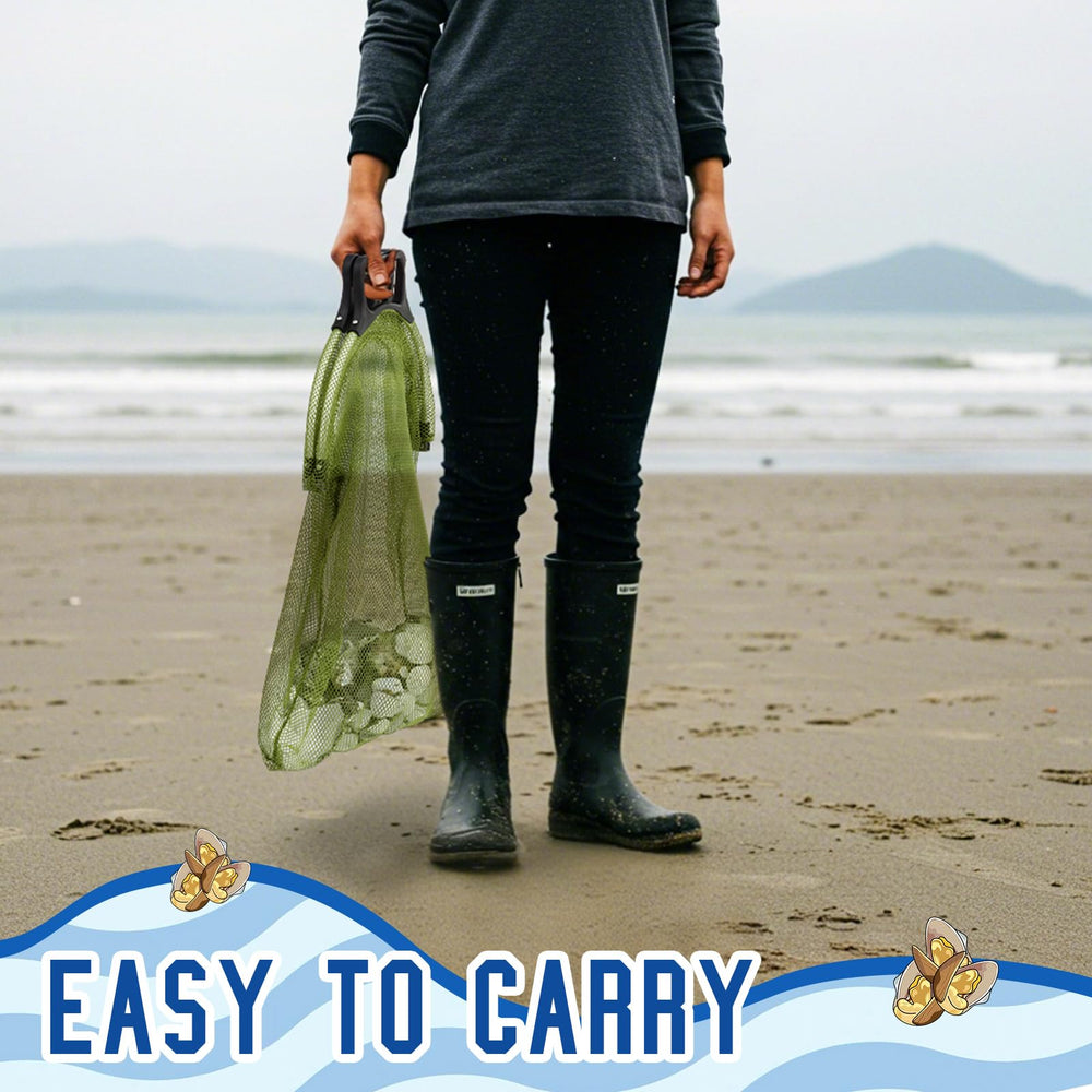 VioraWhite shellfish-collector bag in green supports beachcombing adventures.