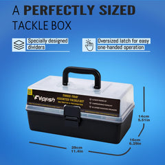 Durable 3-layer tackle box opened showing compartments