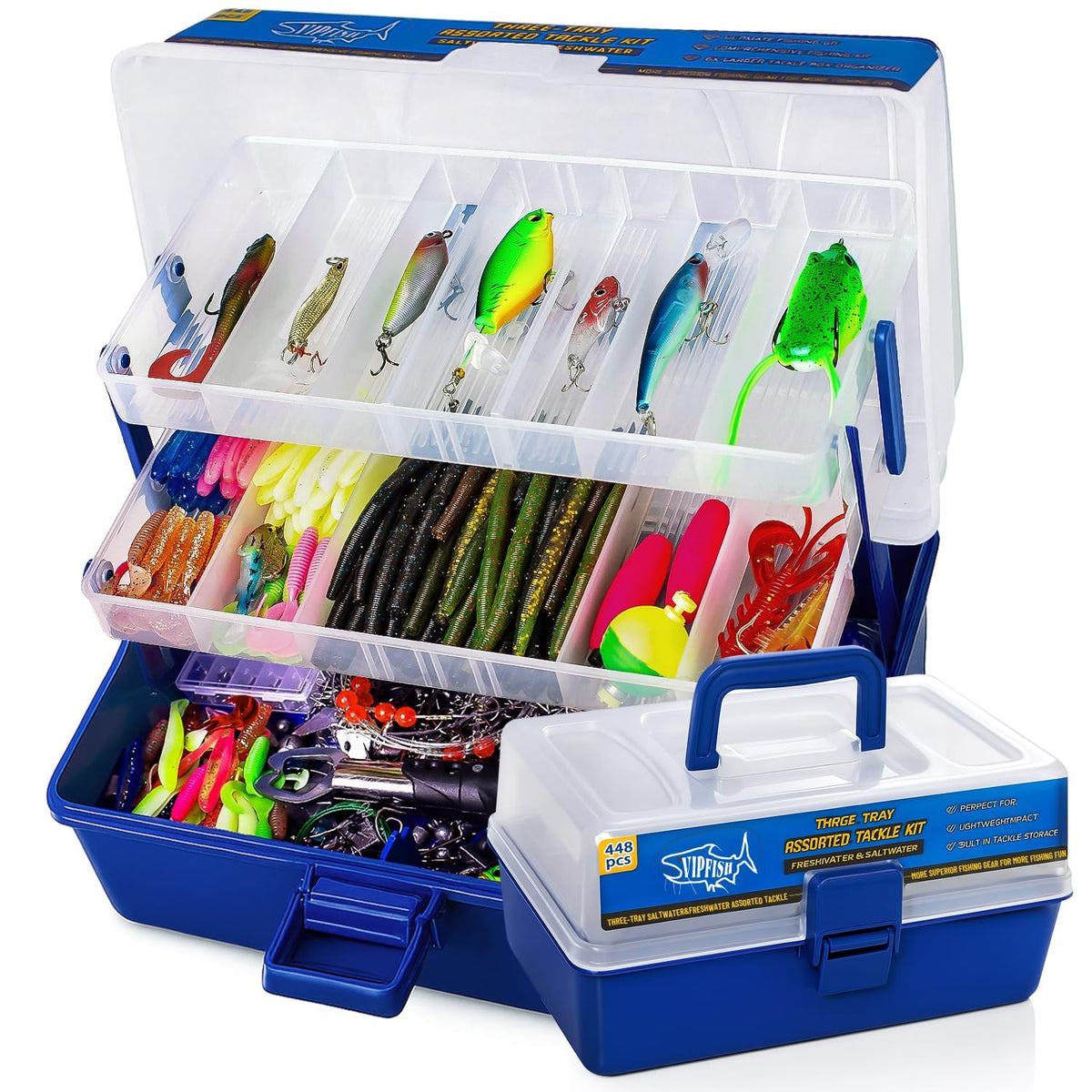 Vipfish 448-Pcs Fishing Lures Kit – open 3-layer tackle box