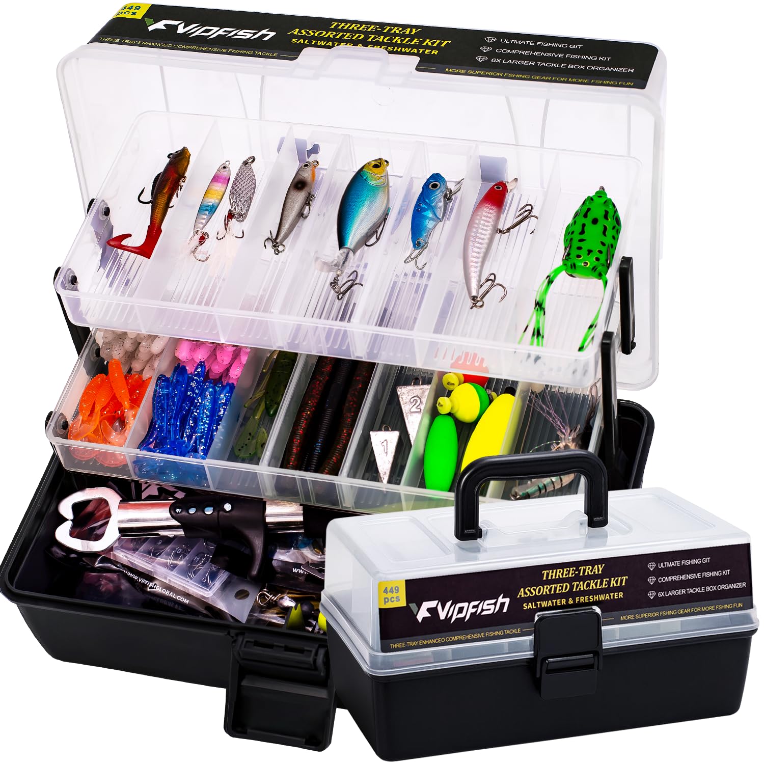 Vipfish 448-piece fishing lures kit with tackle box contents