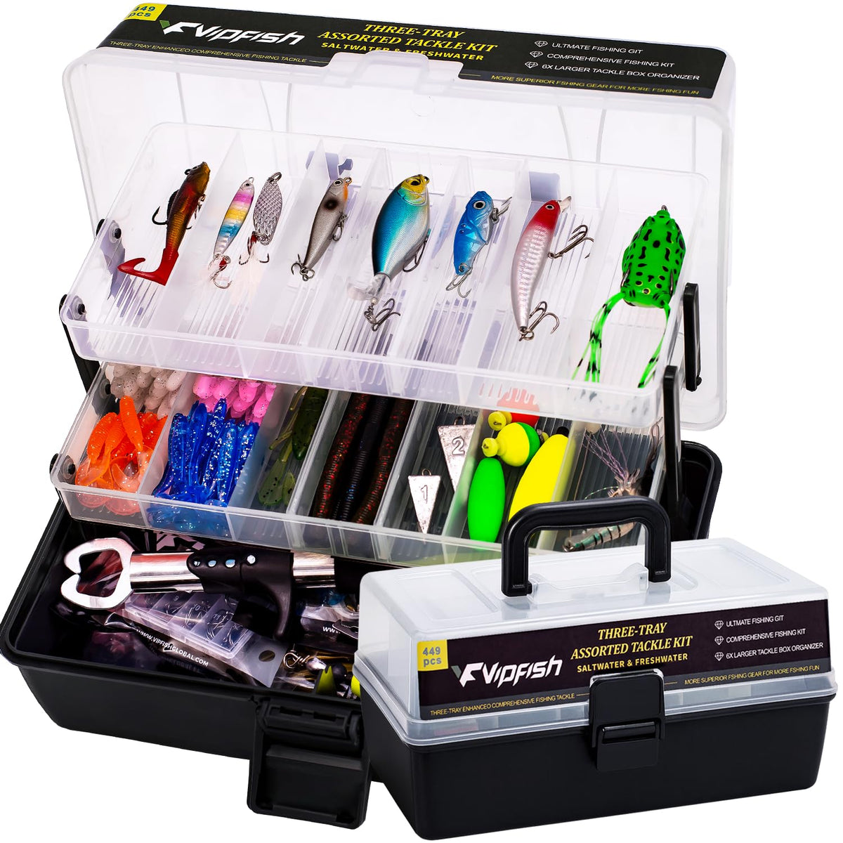Vipfish 448-piece fishing lures kit with tackle box contents