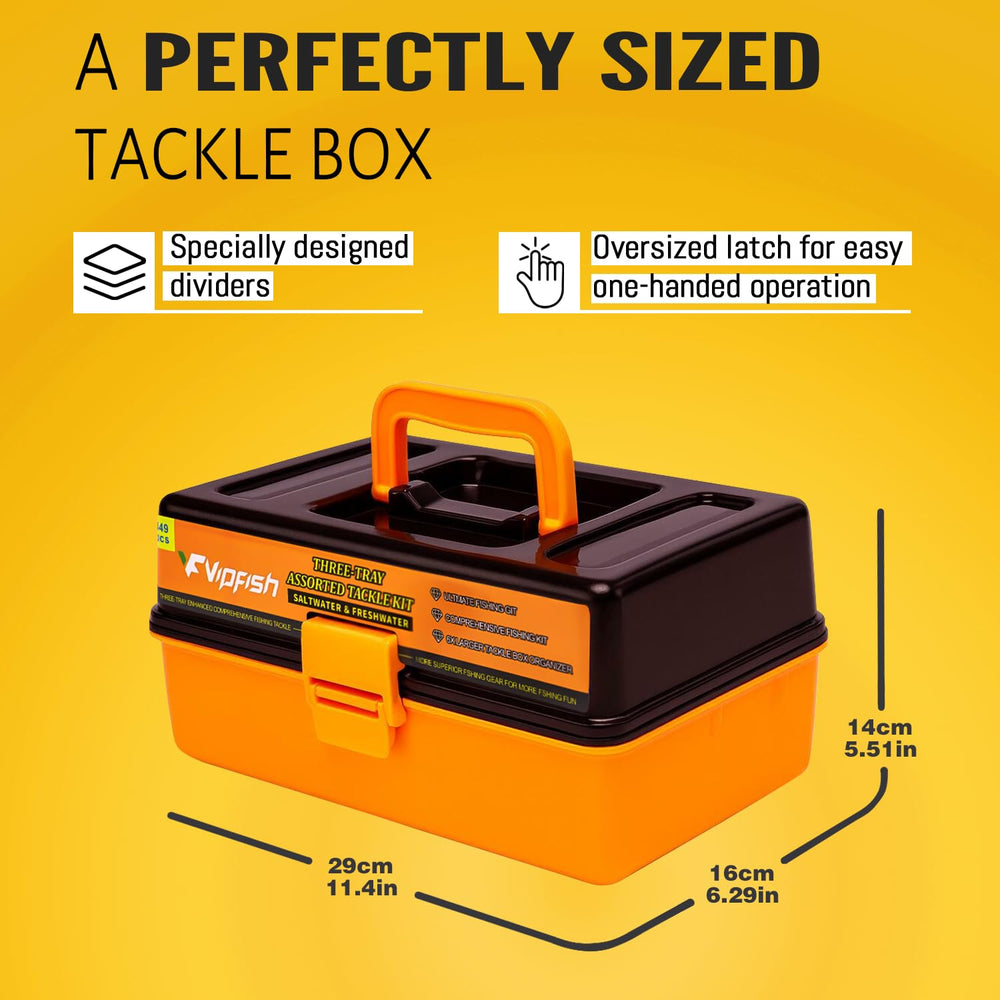 Inside view of 3-layer tackle box with lures and accessories