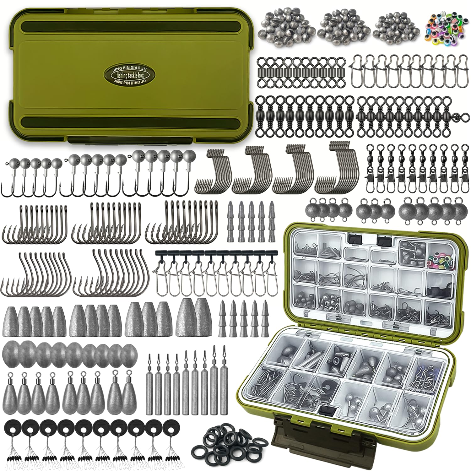 Vipfish fishing kit opened showing organized tackle box with hooks and weights