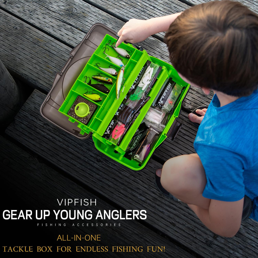 Vipfish 2-layer green/blue tackle box organizer, waterproof and portable.
