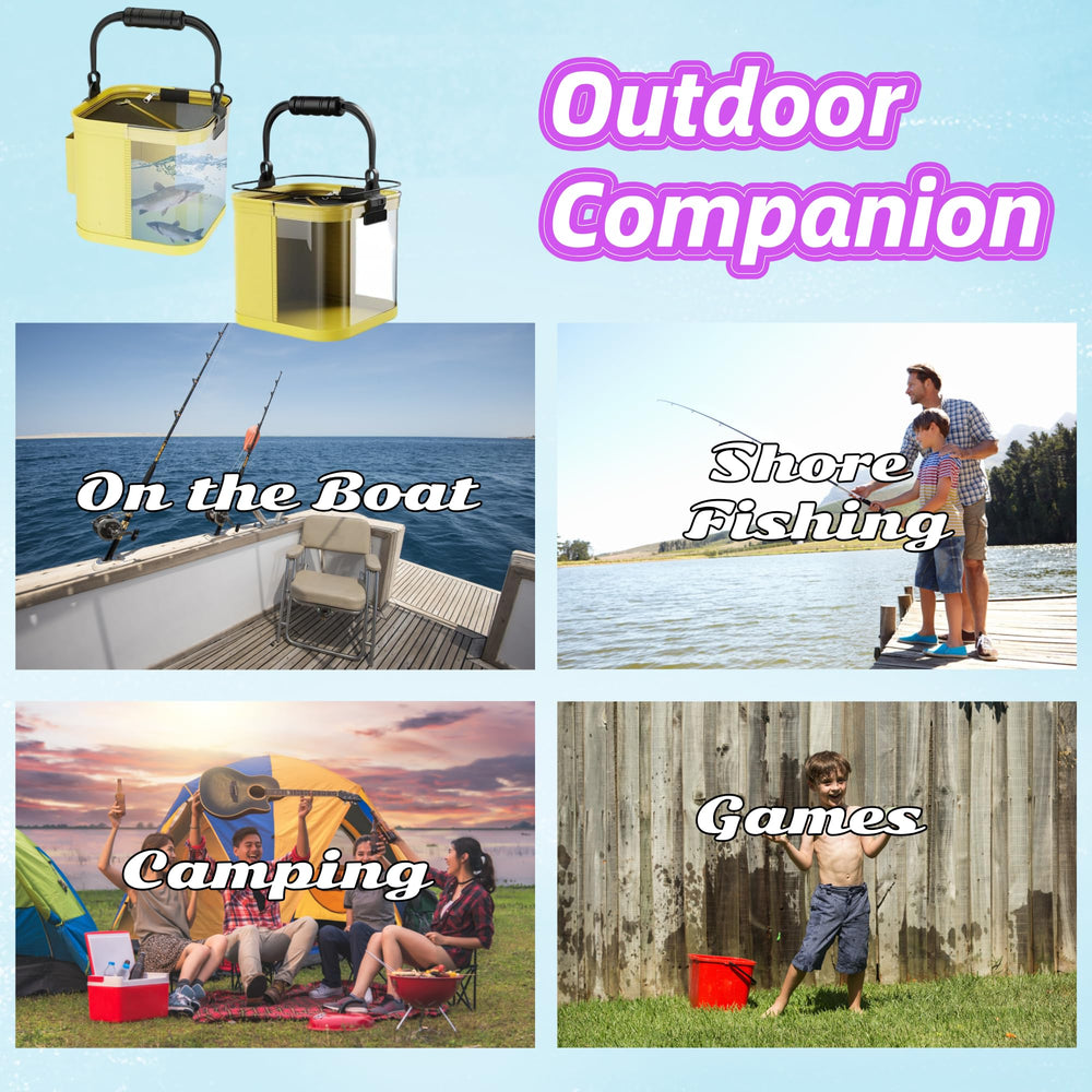 Outdoor camping and fishing setup featuring VIREYA foldable bucket