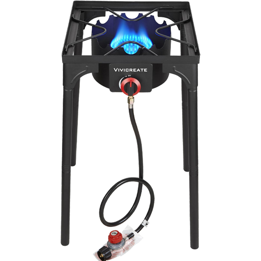 Vivicreate 30000-BTU propane stove front view highlights compact outdoor cooking power