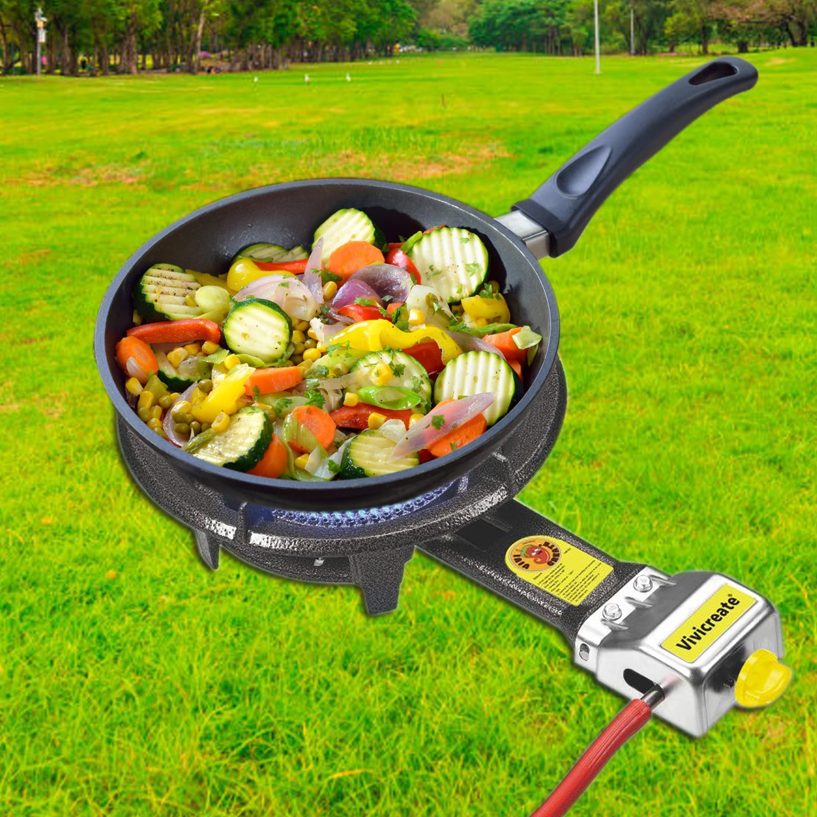Vivicreate stove's portable design suits camping trips and backyard cooking.