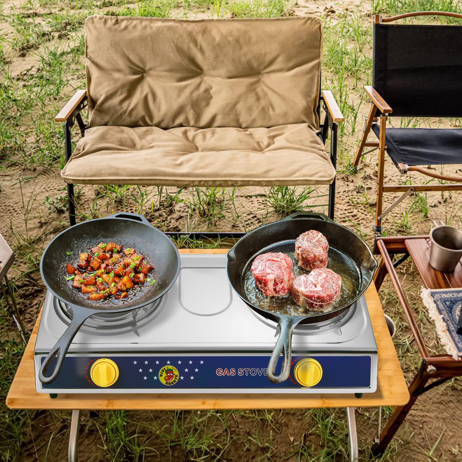 Vivicreate portable camping stove with hose regulator ready for travel