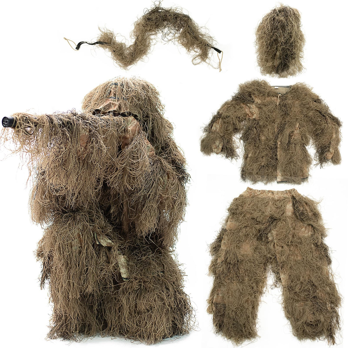 VIVO Ghillie Suit mask/hood provides concealment in dry grass settings.