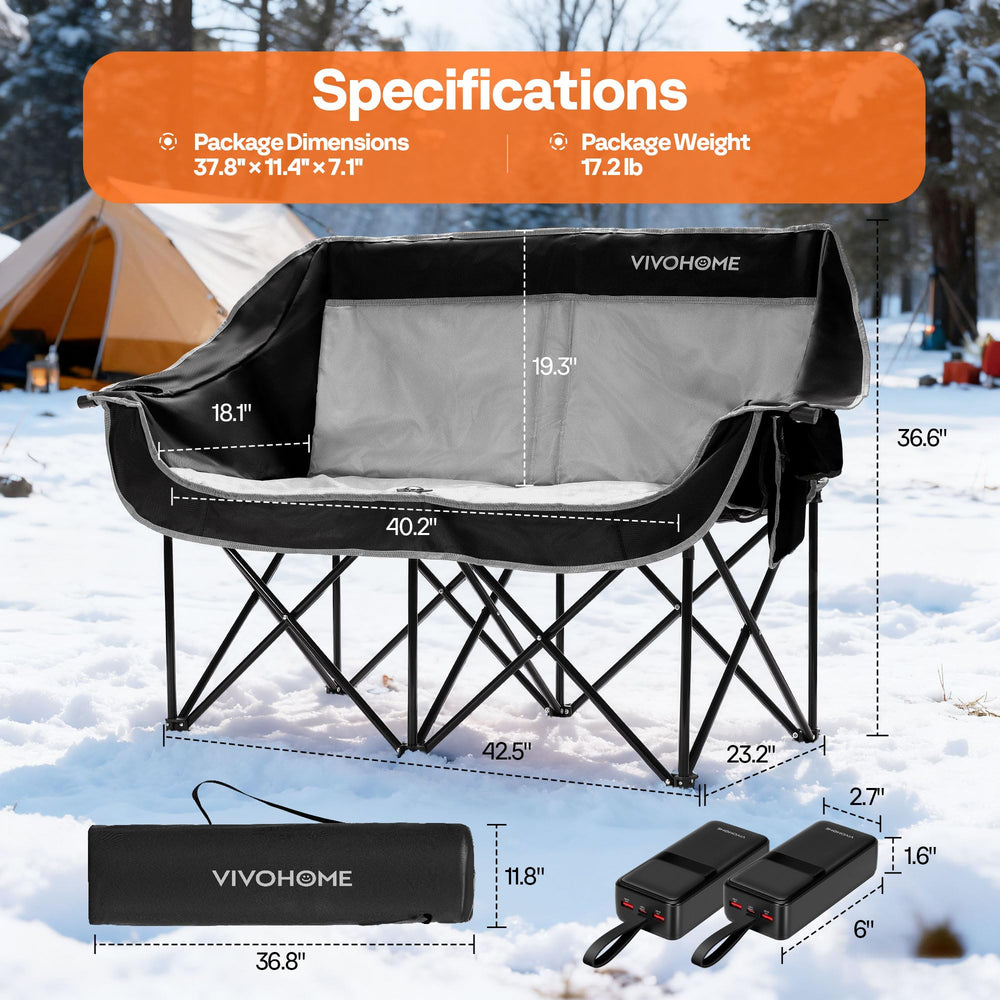 VIVOHOME heated double camping chair back view emphasizing dual-zone warmth.